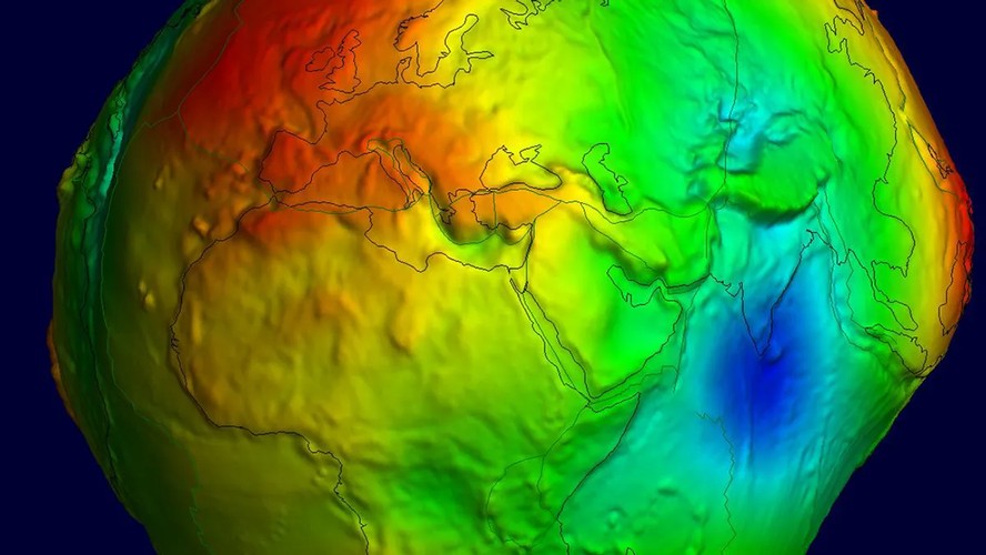 Um mapa de gravidade da Terra mostra o baixo geoide do Oceano Índico (IOGL, na sigla em inglês) na área em azul