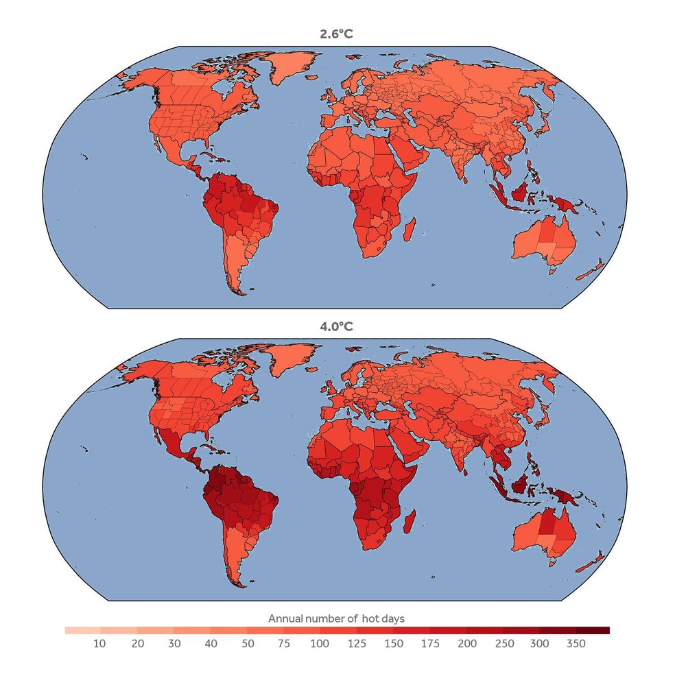 Número de dias quentes por ano em cada país para níveis de aquecimento global de 2,6 °C e 4,0 °C acima das temperaturas pré-industriais — Foto: World Weather Attribution