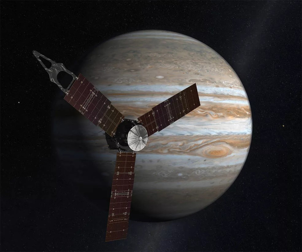 Representação artística da sonda Juno em sua missão na órbita de Júpiter — Foto: Deep Space Network