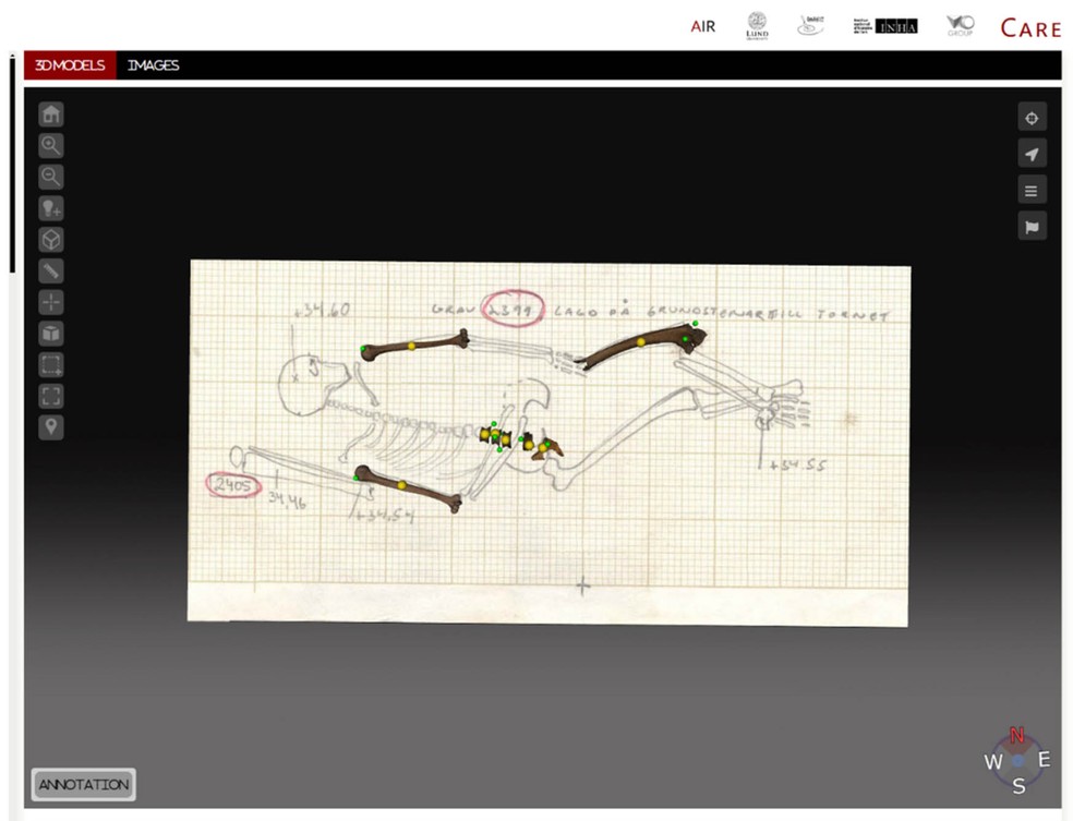 Integração dos restos modelados em 3D aos dados herdados dos desenhos de contexto da sepultura individual de 2399 na vala de escavação — Foto: Blair Nolan et.al